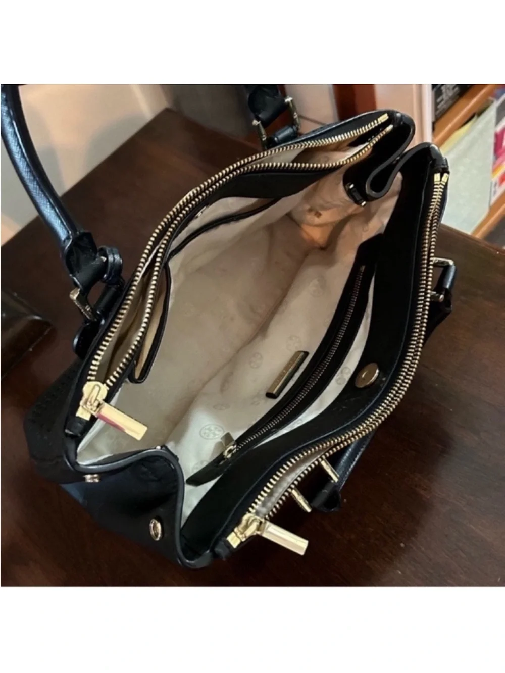 Tory Burch Black Perforated Leather Tote with Gold Logo